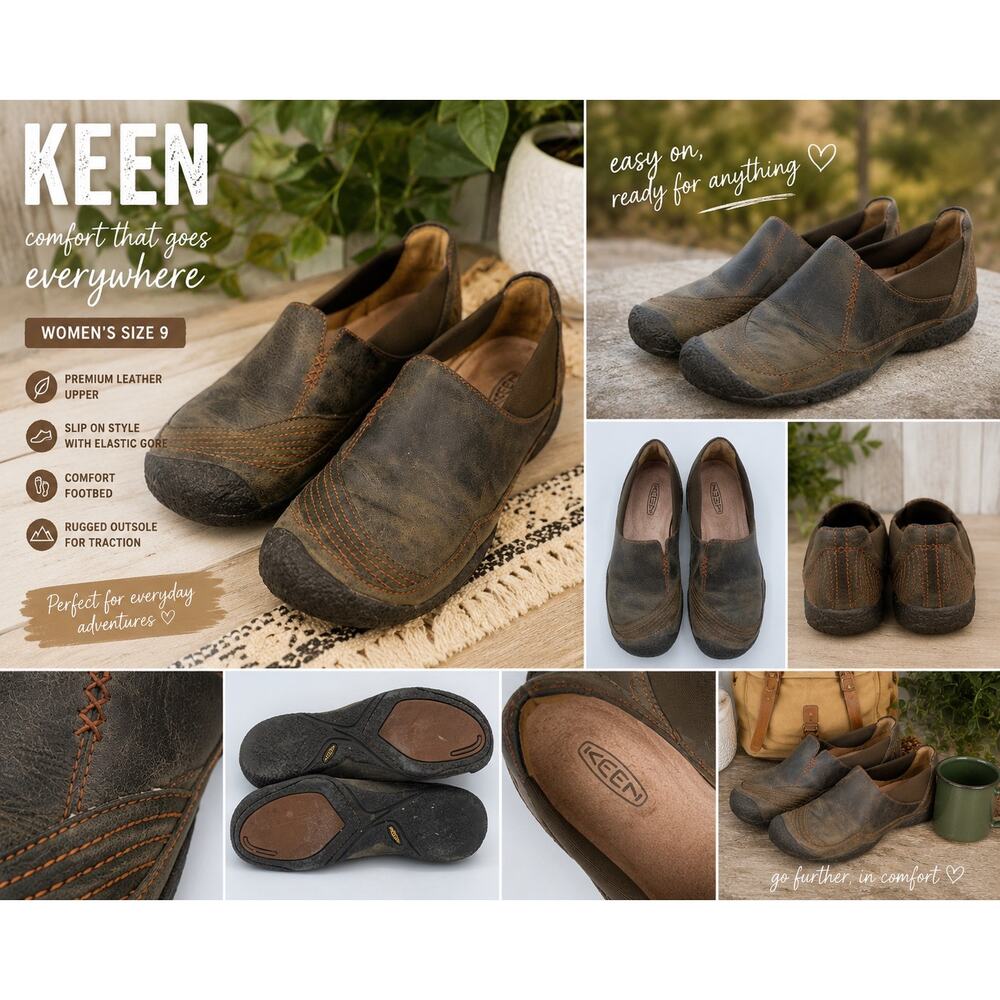 KEEN Women’s Slip On Leather Comfort Shoes Brown Orange Stitch Casual Loafers 9